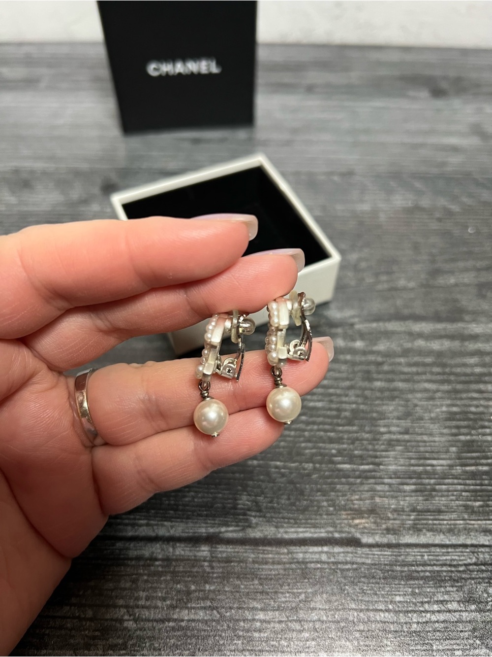 CHANEL Silver Pearl CC Logo Clip On Earrings with Pearl Drops with COA - Picture 4 of 8